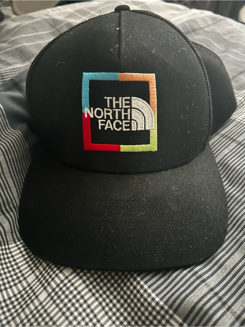 The North Face Black Trucker Snapback Hat Multicolor Logo Mesh Back Cap